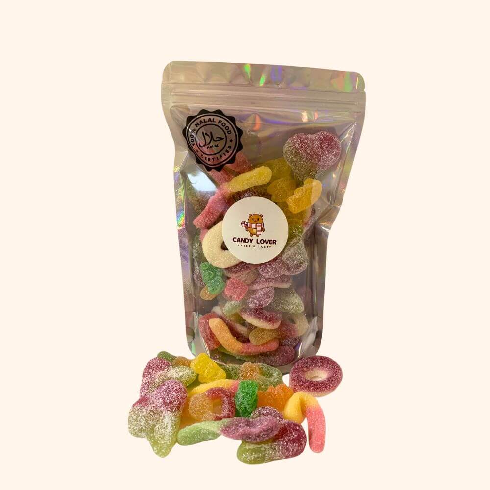Halal Fizzy Sensation Fusion Mix met Watermeloen Ringen, Zure Sleutels, Beertjes, Kersen en Neon Wormen - 100% halal zonder varkensgelatine