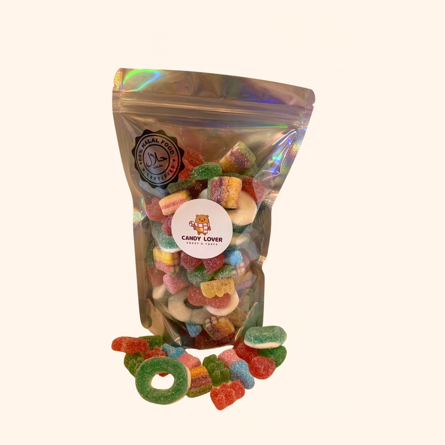 Halal Bibi Fatma Mix met Rainbow Pixels, Zure Beertjes, Appelringen, Fizzy Kersen en Bubblegum Flesjes - 100% halal zonder varkensgelatine