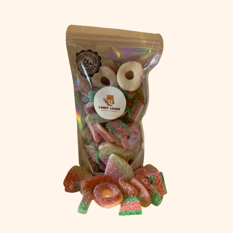 Halal Extreme Watermelon Mix met Watermeloen Flesjes, Stukjes, Fizzy Ringen en Zure Matten - 100% halal zonder varkensgelatine