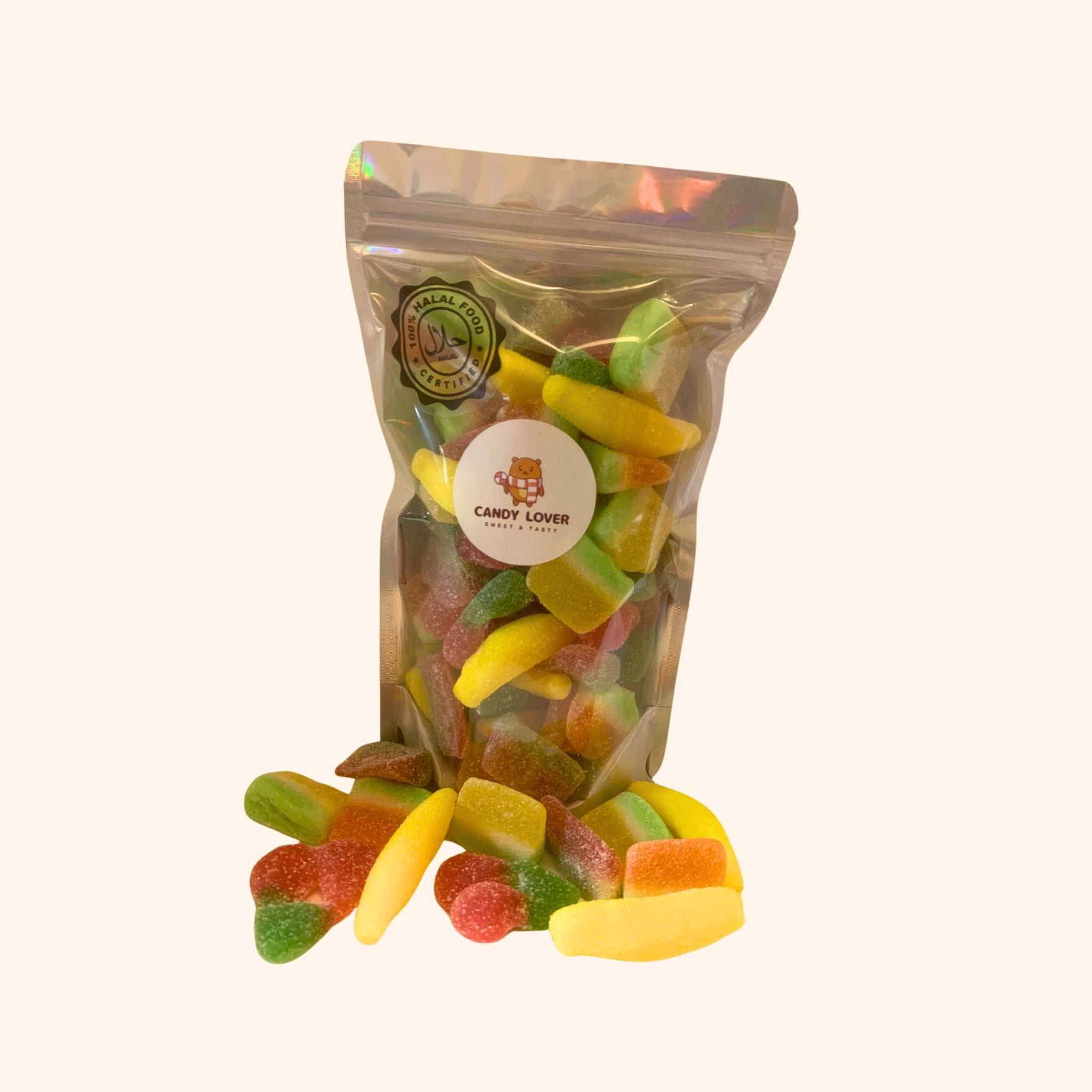 Halal Fruity Mix met Ananas, Mango, Banaan, Watermeloen en Fizzy Kersen - fruitige halal snoepjes 100% halal zonder varkensgelatine