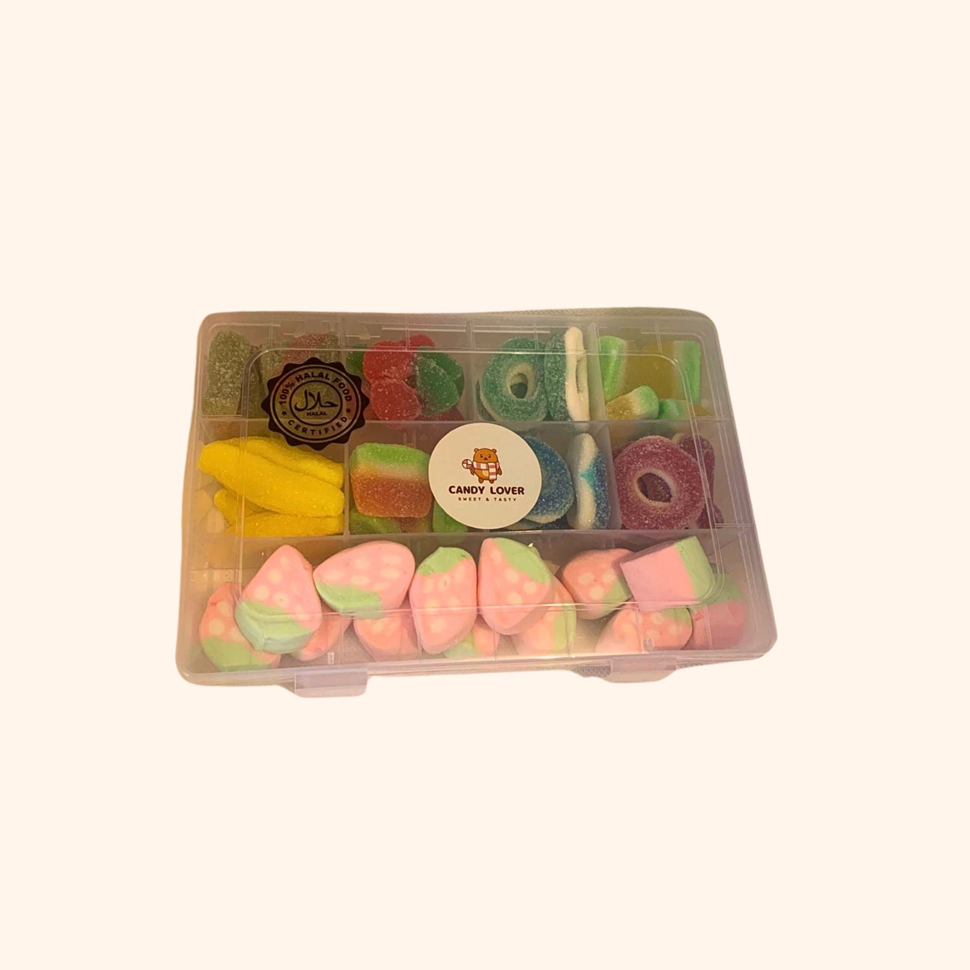 Halal Fruity Snoepbox met 9 verschillende fruitige halal snoepjes zoals Marshmallow Aardbeien, Ananas, Mango's en Kersen - 100% halal