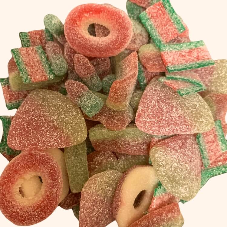 Halal Extreme Watermelon Mix close-up - fruitige, zure en bruisende watermeloen halal snoepjes