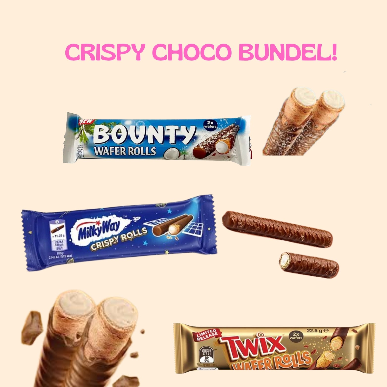Crispy Chocolade Bundel met Bounty, Twix en Milky Way crispy rolls - krokante chocolade wafel repen
