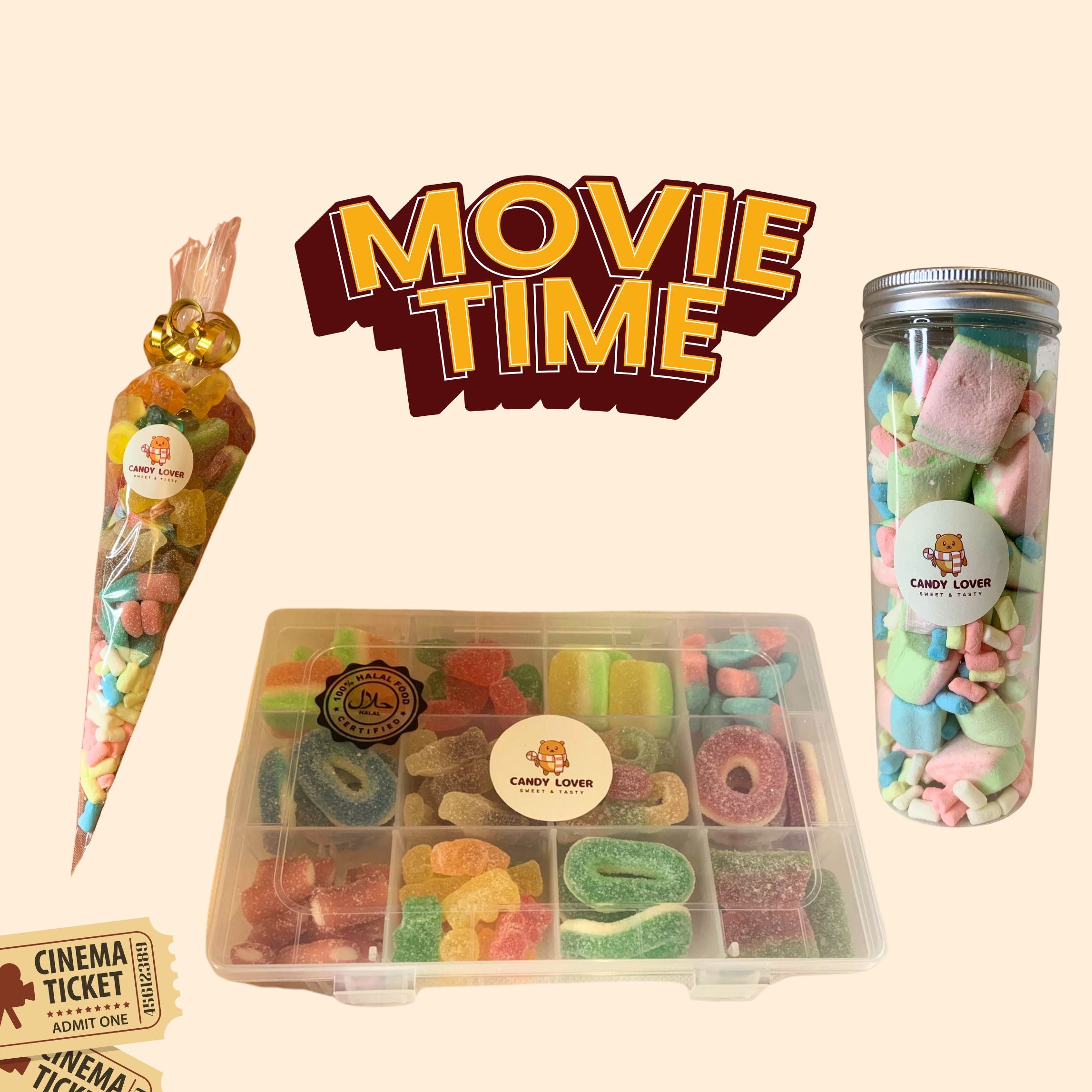 Halal MovieNight bundel met snoepzak, fizzy snoepbox en marshmallow blik