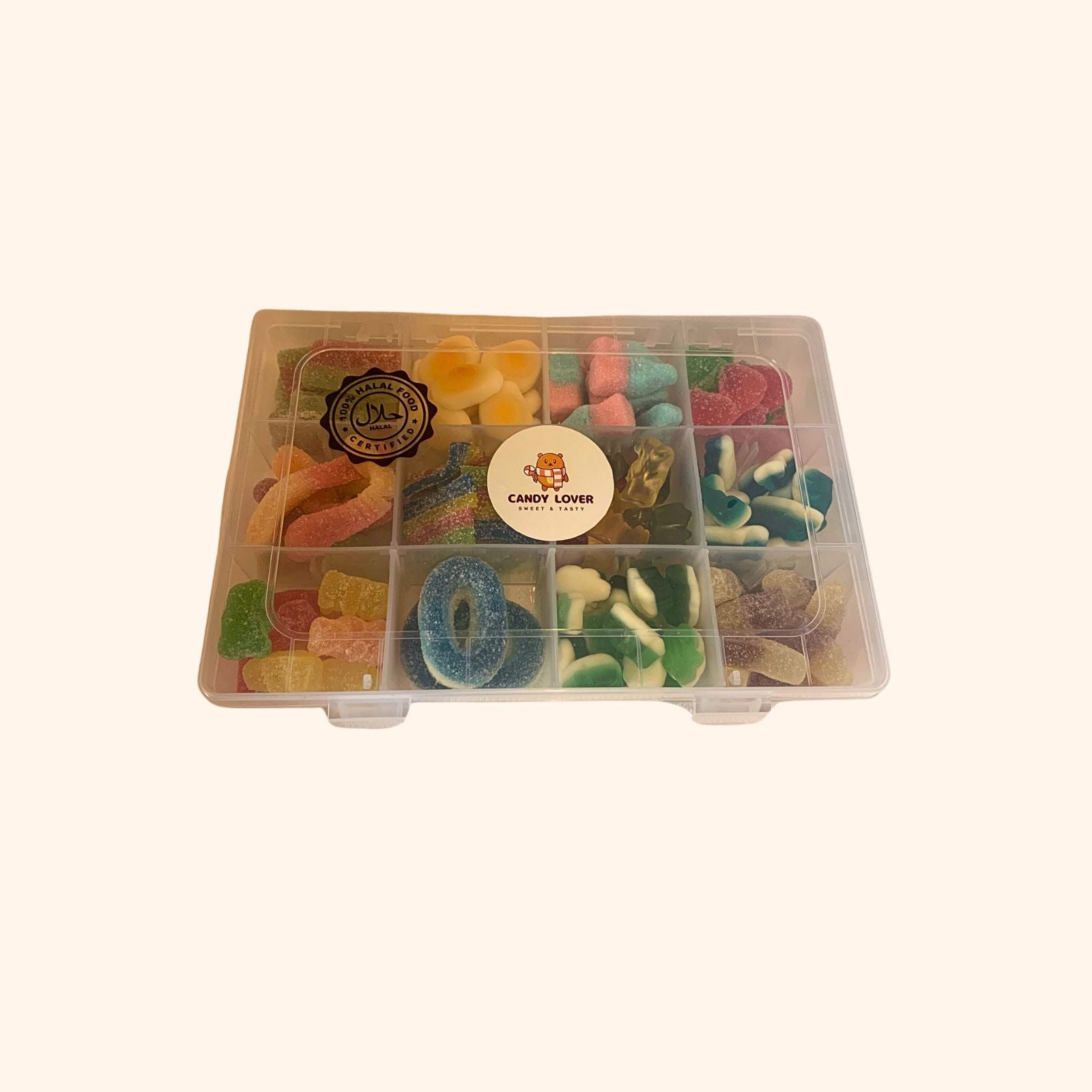 Halal snoepbox met compartimenten gevuld met diverse kleurrijke halal snoepjes - 100% halal zonder varkensgelatine
