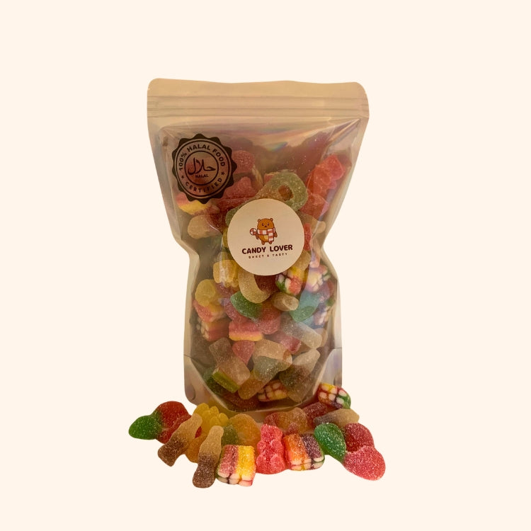 Halal Super Fizzy Mix met Fizzy Sleutels, Beertjes, Cola Flesjes, Kersen en Pixels - 100% halal zonder varkensgelatine
