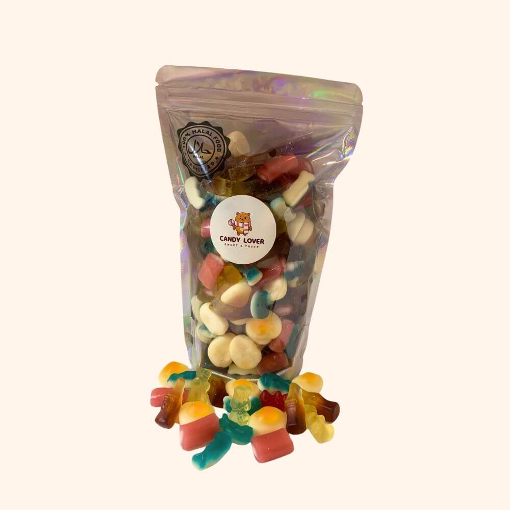 Halal Sweet Treat Mix met aardbei kabels, dolfijntjes, beertjes, eitjes en cola flesjes - 100% halal
