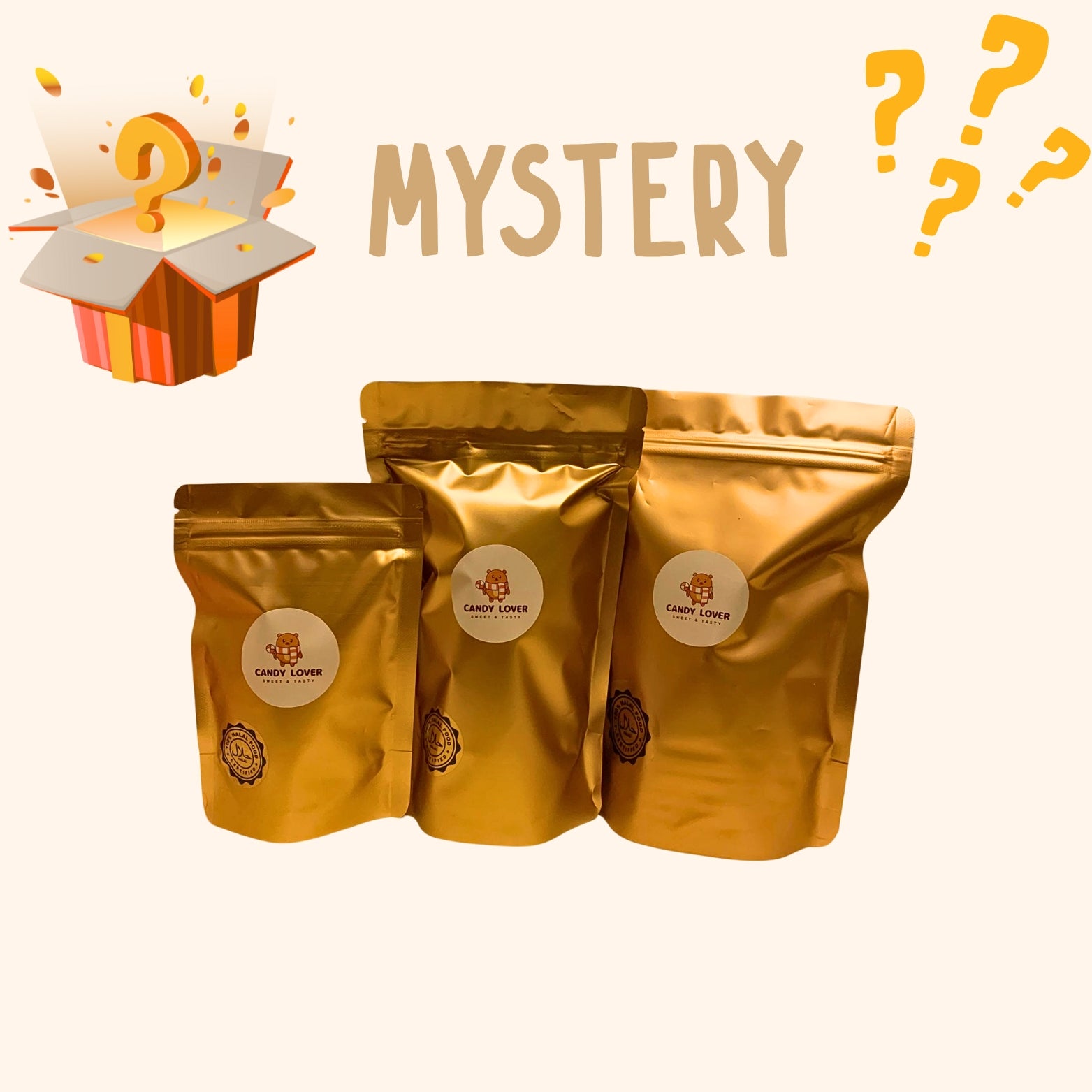 Halal Golden Mystery Set met 3 gouden snoepzakjes - verrassings halal snoeppakket 450g, 250g en 80g
