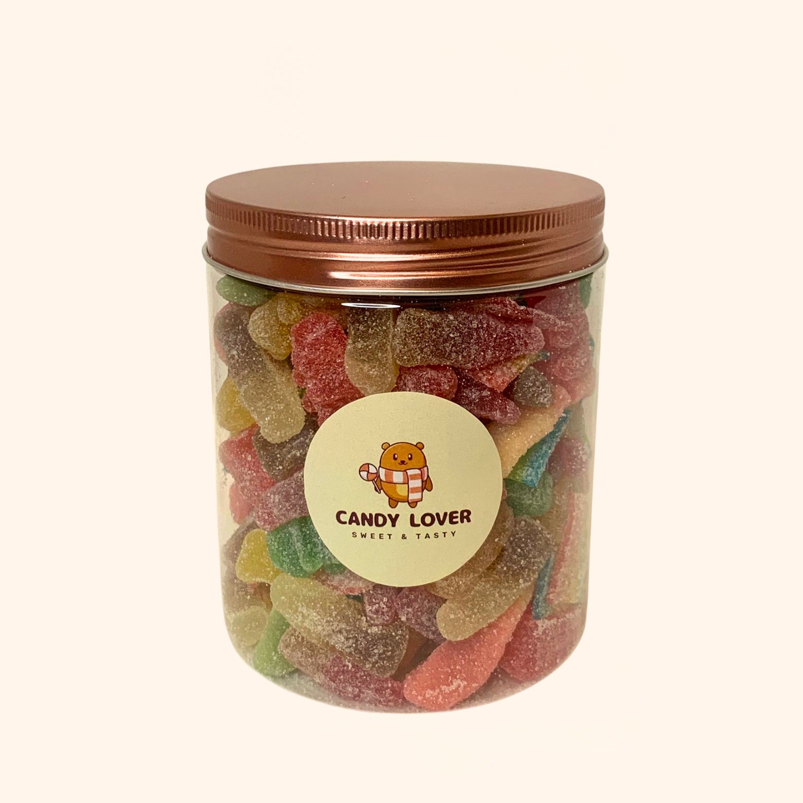 Halal Deluxe Candy Jar met roségouden deksel gevuld met kleurrijke halal snoepjes - luxe snoeppot 350g
