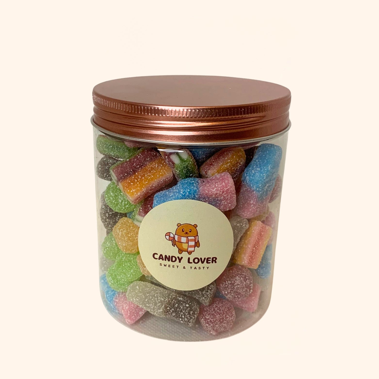 Vegan Deluxe Candy Jar met roségouden deksel gevuld met kleurrijke vegan snoepjes - plantaardige snoeppot 350g
